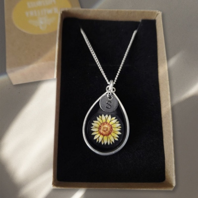 Custom Hand Painted Sunflower Resin Pendant Necklace, Personalized Sterling Silver 925 Necklace with Initial/Heart/Flower Disc, Gift for Women/Girls