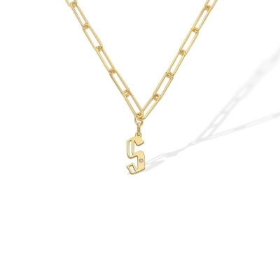 Custom Initial/Number Pendant Necklace with Diamonds, Brass/Sterling Silver 925 Cuban Link/Paperclip Chain Necklace, Gift for Mom/Wife/Daughter/Friend