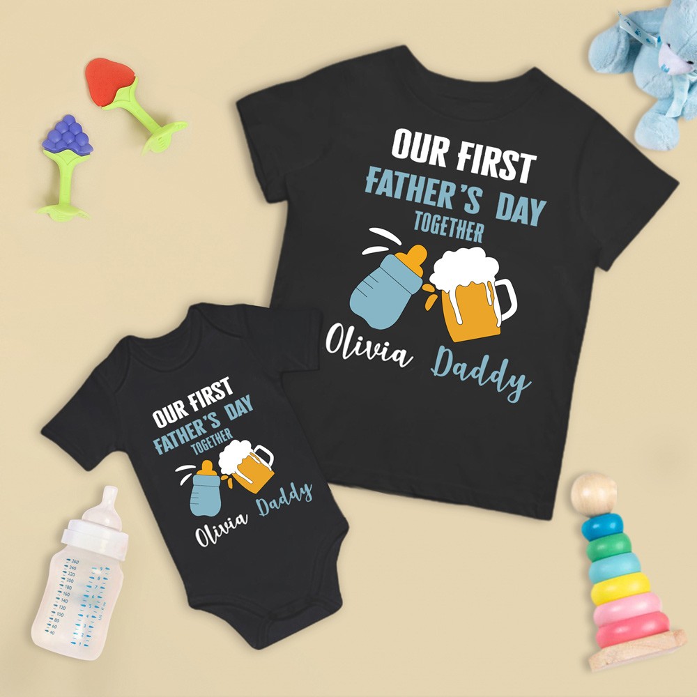 Custom Name Parent-child Shirt, Our First Father's Day Together 2023 Shirt, Cotton Shirt, Birthday/Father's Gift for Dad/Grandpa