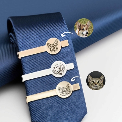Personalized Pet Portrait Tie Bars, Engraved Picture Tie Clips, Custom Wedding Tie Clips, Wedding Day Gift, Gift for Grooms/Pet Lover/Best Man