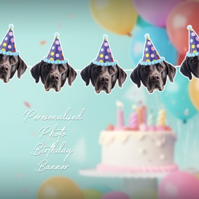 Personalized Photo Dog Birthday Banner, Pet Party Bunting, Custom Hat Party Bunting, Pet Birthday Party/Disco Ball Decoration, Gift for Pet Lover