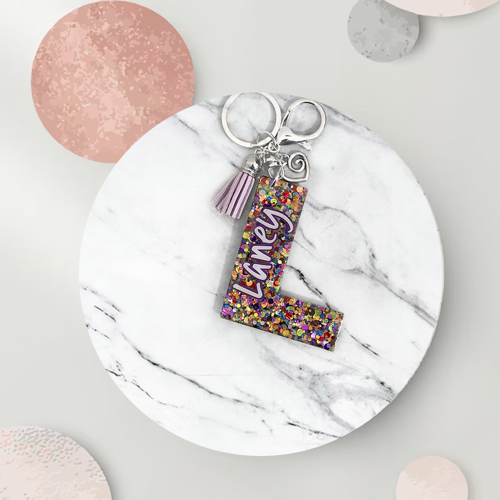 Custom Sparkly Glitter Keychain With Initial And Name Personalized