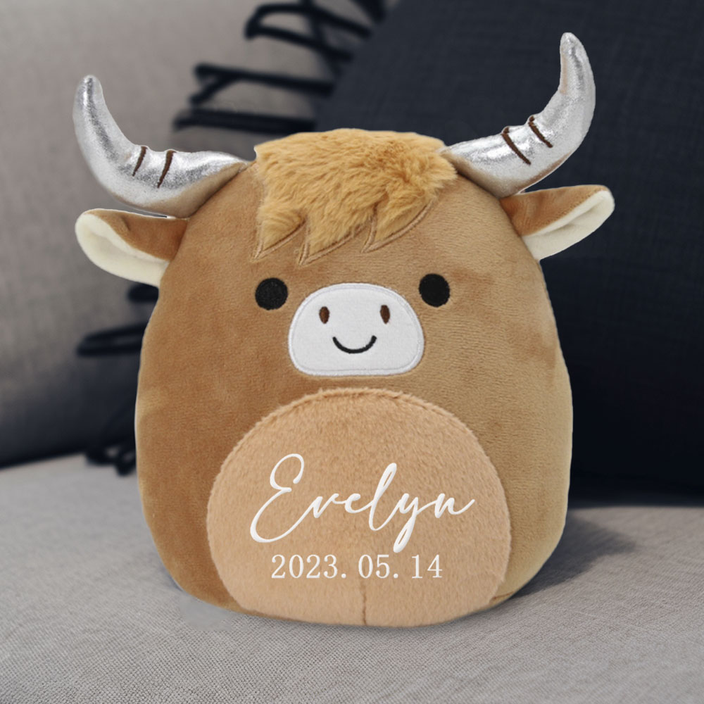 Personalized Name Highland Cow Plush Toy, Soft Brown Fluffy Cow