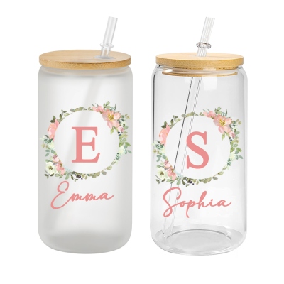 Custom Initial & Name Floral Glass Cup, Bamboo Lid Iced Coffee Cup, Bachelorette Party Tumbler, Bridesmaid Gift, Birthday/Anniversary Gift for Her/Mom