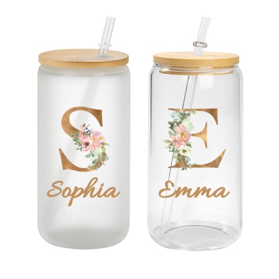 Custom Initial & Name Floral Glass Cup, Bamboo Lid Glass Cup Tumbler, Bachelorette Party Tumbler, Bridesmaid Gift, Birthday/Anniversary Gift for Women