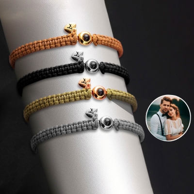 Bracelet de charme de projection photo personnalisé avec initiales, bracelet en corde tressée minimaliste, cadeau d'anniversaire/de Saint-Valentin pour elle/lui/couples