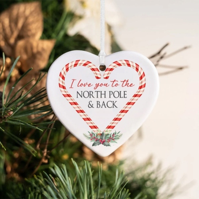Personalisierter Zuckerstangen-Herzschmuck, „I Love You to the North Pole and Back“-Keramikanhänger, Weihnachtsbaum-Hängedekoration, Geschenk für Paare/Familie/Freunde