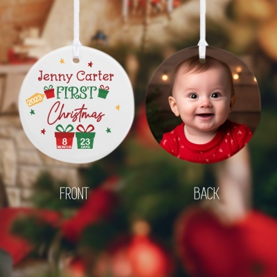 Personlig babys första juldekoration, anpassat namn och fotokeramik babys första julminnesdekor, julklapp till nyfödd/bebis
