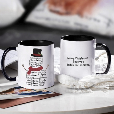Tazza con pupazzo di neve con nome personalizzato, tazza da caffè in ceramica natalizia, caldo compagno invernale, regali di Natale, regali per mamma/nonni/amici