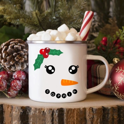 Tazza smaltata personalizzata con espressione del pupazzo di neve carino, tazza di Natale con nome personalizzato, decorazione della casa, regali di Natale per bambini/amici/famiglia