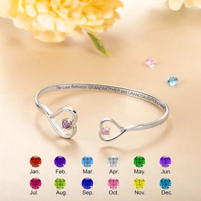 Personalized Double Birthstone Heart Bangle, Heart Charm Bracelet with Card, Family Jewelry, Christmas/Birthday Gift, Gift for Grandma/Granddaughter