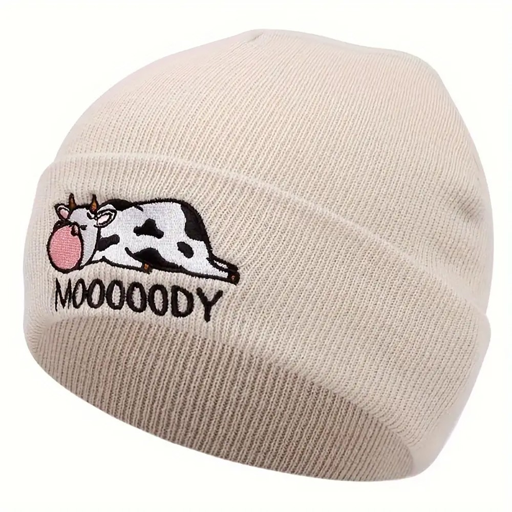 Cute Cow Embroidery Graphic Beanie Solid Color Elastic Skull Cap Lightweight Knitted Cap Cuff Beanie Hat Women Daily Use