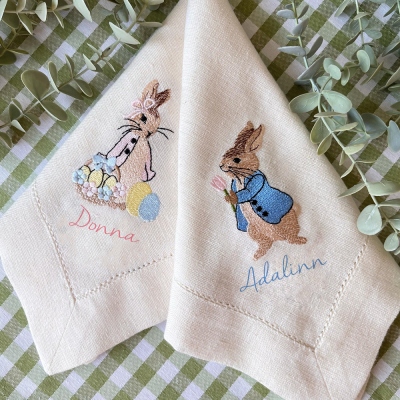 Peter Rabbit Easter Napkins - Embroidered linen napkins -Easter Tablescape- Easter gift - Hostess gift-