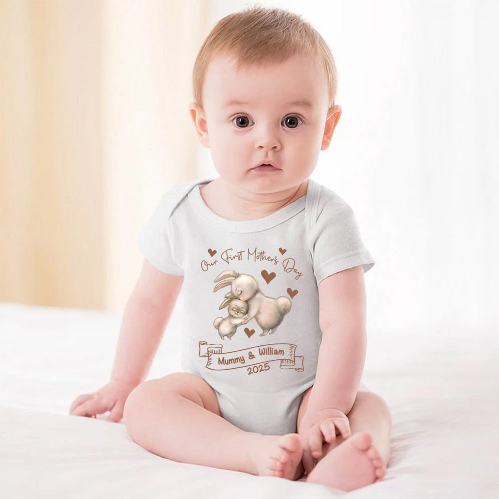 Custom Cute Bear Bunny Giraffe 100% Cotton T-Shirt and Baby Onesie, Our First Mother's Day Mom & Baby Set, First Mother's Day Gift for Newborn New Mom