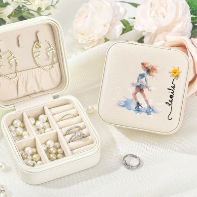Custom Name Birth Flower Figure Skating Girl Jewelry Box, PU Leather Travel Floral Jewelry Case, Birthday/Christmas Gift for Girls/Skating Lovers