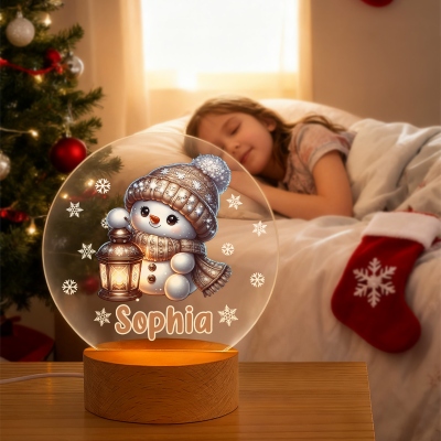 Personalized Name Cartoon Snowman Design LED Night Light, Acrylic Night Lamp with Wooden Base, Home Decor, Christmas Gift for Kids/Family/Friends