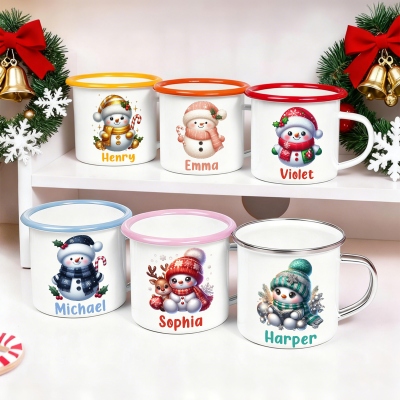 Custom Name Cartoon Snowman Enamel Mug, 11oz Shatterproof Cup with Handle, Hot Cocoa Mug, Holiday Stocking Stuffer, Christmas Gift for Kids/Boys/Girls