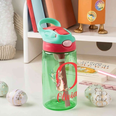 Custom Name Peter Rabbit Alphabet Water Bottle, 16oz Kids' Cup with Silicone Straw & Handle, Birthday/Back to School/Easter Gift for Kids/Girls/Boys
