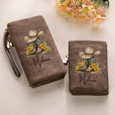 Custom Name Birth Flower Cowgirl Boots Tri-Fold Wallet, Leather Wallet Card Phone Holder with Wrist Strap, Birthday/Wedding Gift for Women/Bridesmaids