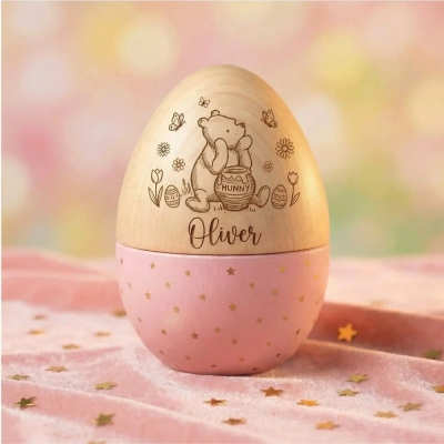 Personalized Engraved Cute Bear Floral Large Wooden Hollow Easter Egg with Name, Fillable Easter Basket Stuffer, Reusable Easter Gift for Kids