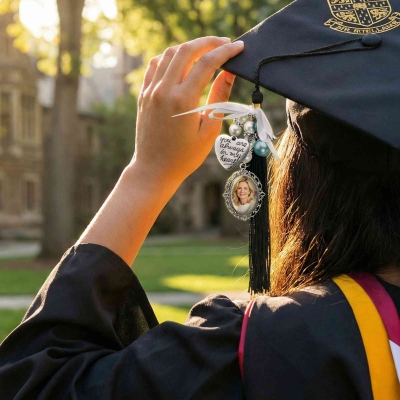 Personlig rosettpärla med tofs och fotoberlock med examen, hjärtberlock för examensmössa från klass 2026, minnes-/examenspresent till akademiker/familj/tonåringar