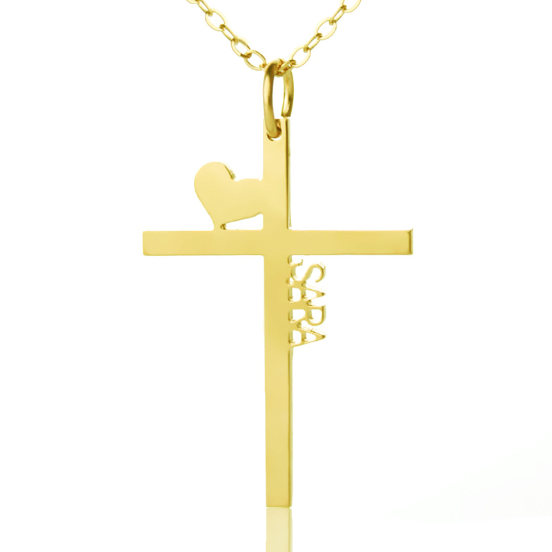 Personalized Gold Plated Silver Cross Name Necklace with Heart