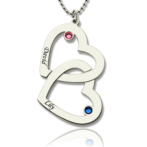 Double Heart Mother's Day Name Necklace with Birthstones GetNameNecklace