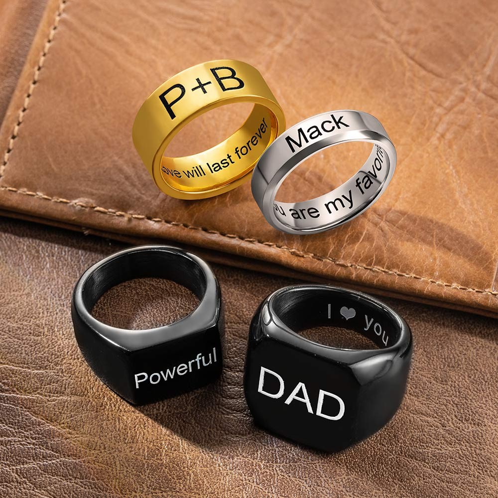 Men's Engraved Ring Stainless Steel Promise Rings, Black/Silver/Gold Plated Matte Finish Personalized Ring, Custom Men's Gifts for Husband/Dad/Boyfriend