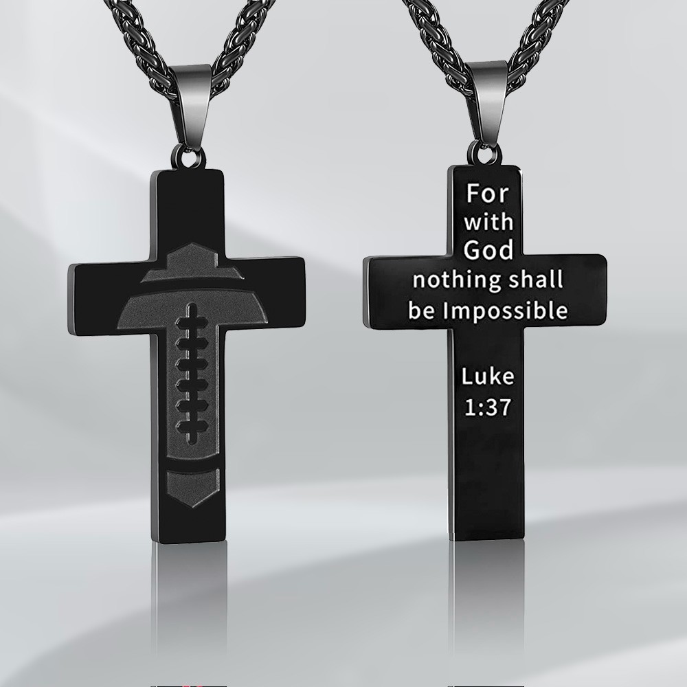 Custom Stainless Steel Bible Verse Pendant Necklace, Football/Baseball Cross Necklace for Boys Men, First Communion, Baptism, Religious, Sports, Jewelry Gift