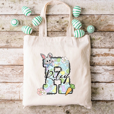 Personalized Name & Initial Easter Bunny Canvas Tote Bag, Large Capacity Rabbit Floral Handbag, Easter Party Favor, Easter Gift for Kids/Boys/Girls