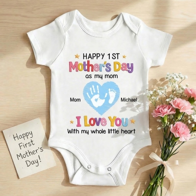 Custom Names I Love You with My Whole Little Heart Baby Bodysuit, Cotton Short Sleeve 1st Mother's Day Baby Onesie, Mother’s Day Gift for Newborns