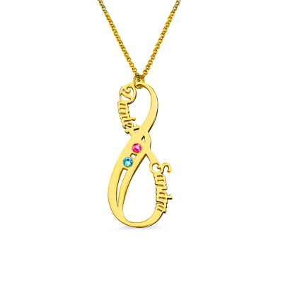 Vertical Infinity 2 Names Necklace with Birthstones In Gold
