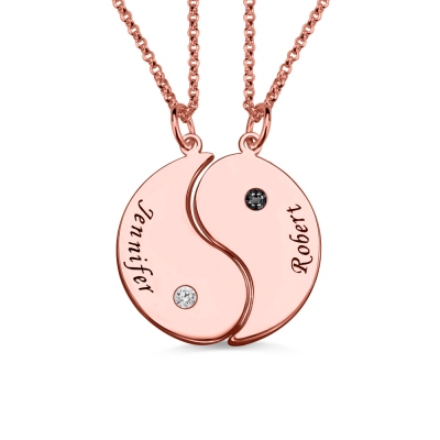 Couples Yin Yang 2 names Necklace with Birthstone Rose Gold