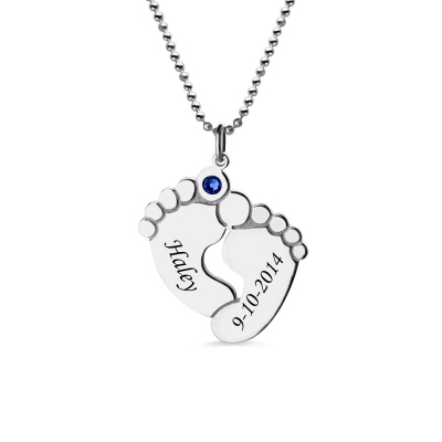 Birthstone Baby's Feet Necklace with Name Sterling Silver