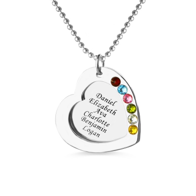 Mother's Heart Necklace Engraved 6 Names and Birthstones