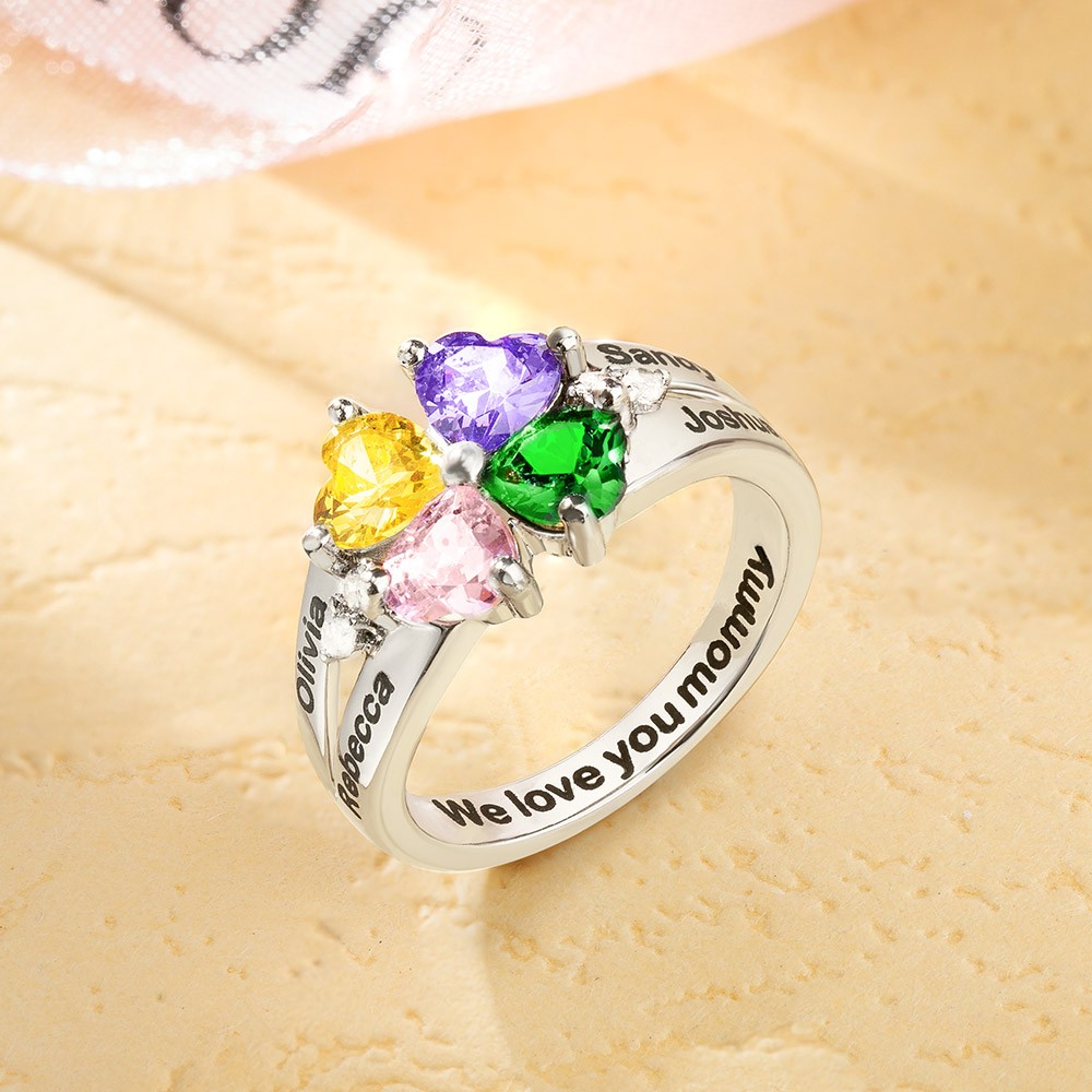 Engraved 1-8 Names and Birthstones Ring with Easy to Read Font