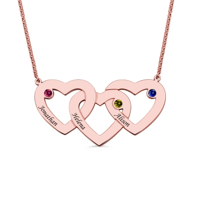3 Intertwined Hearts Birthstones Name Necklace Rose Gold