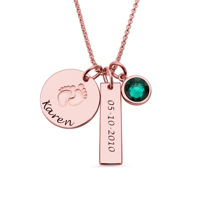Customized Baby Feet Disc Birthstone Necklace In Rose Gold