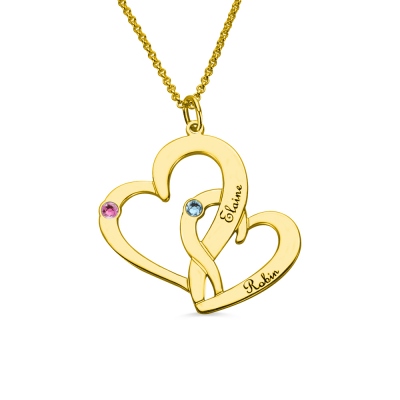 Interlocking Two Hearts Name Necklace with Birthstone Gold
