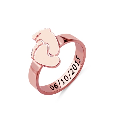 Engraved Birth Date Baby Feet Ring For Mom Rose Gold