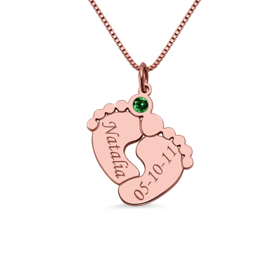 Engraved Baby Feet Necklace with Personalized Birthstone Rose Gold
