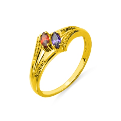 Engraved Double Birthstones Ring 18K Gold Plated Silver