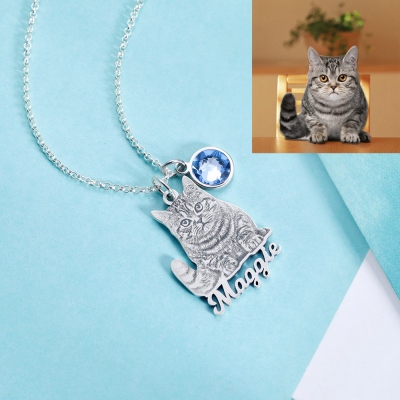 Customized  Birthstone Pet Memorial Name Photo Necklace