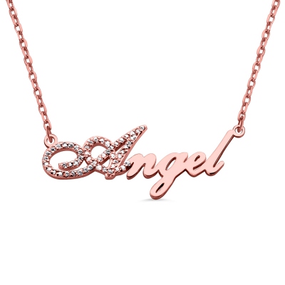 Rose Gold Script Name Necklace Initial Full Birthstones