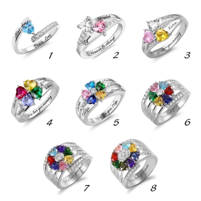 Personalized Heart Birthstone Ring With Engraving Silver