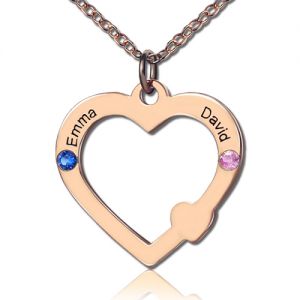 Open Heart Necklace with Name & Birthstone Rose Gold