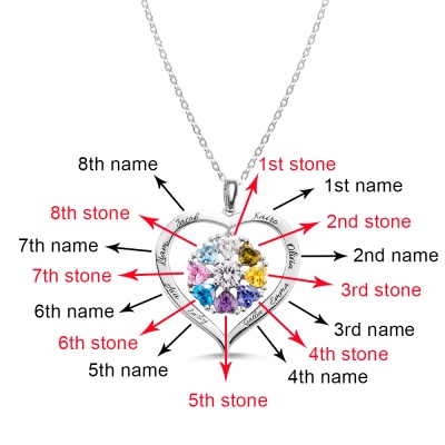 Personalized Heart Birthstone Necklace with Engraving in Silver