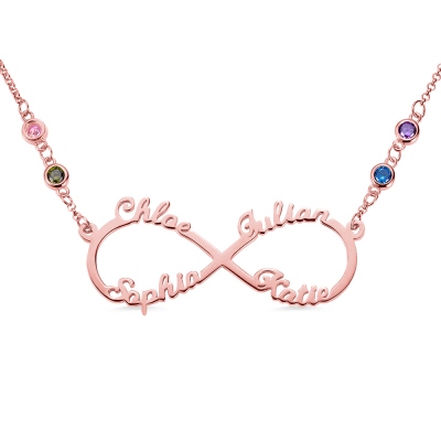 Custom 4 Names Infinity Necklace with Birthstones in Rose Gold