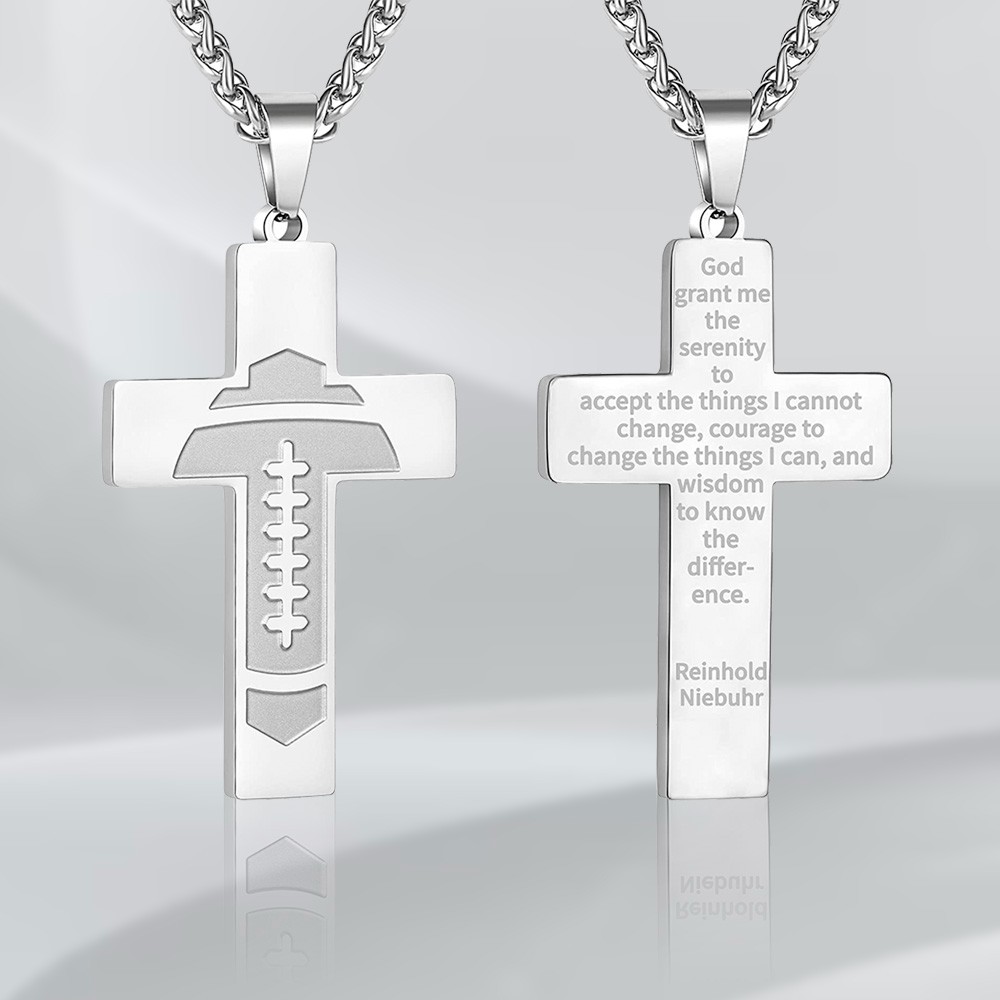 Custom Stainless Steel Bible Verse Pendant Necklace, Football/Baseball Cross Necklace for Boys Men, First Communion, Baptism, Religious, Sports, Jewelry Gift