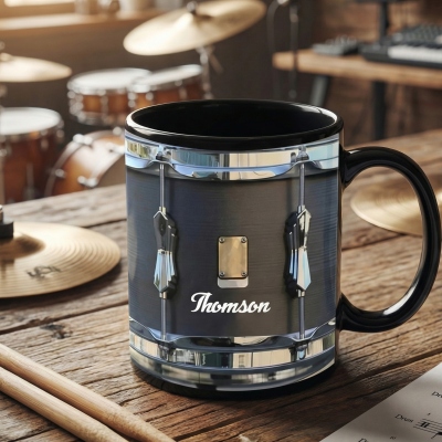 Personalized Black Vintage Drum Mug with Name, 11oz/15oz Ceramic Drumming Coffee Mug, Birthday/Anniversary Gift for Drummers/Music Enthusiasts/Friends
